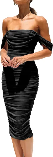 PRETTYGARDEN - Vestido de verano para mujer, con hombros descubiertos, fruncido, entallado, sin mangas, ajustado, para fiesta, club, por debajo de