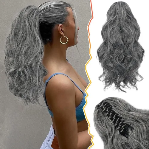 Miniatura 16 de BARSDAR Extensiones de cola de caballo con clip de garra, extensiones de cabello corto ondulado negro de 14 pulgadas para mujer, extensiones