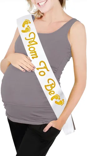 Mom to be Sash, Satin with Gitter Font and Baby Foot, Best Baby Shower Mommy Decor, Gender Reveal Party Boy Or Girl Blanco - Dorado