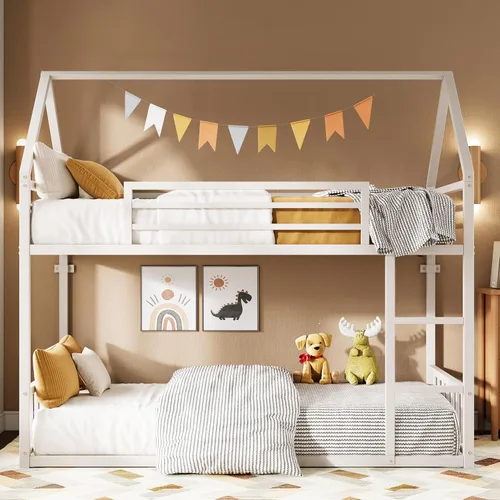 LIKIMIO - Litera de tamaño individual sobre individual, estructura de cama litera con escalera y barandilla, en forma de casa con listones de metal