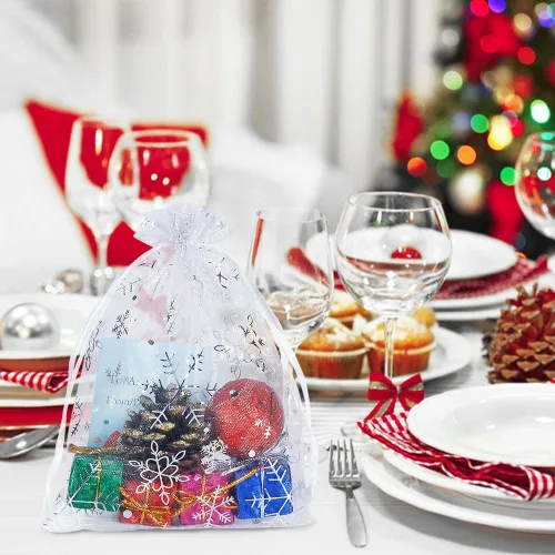 Miniatura 3 de HRX Package 100 bolsas de organza de copo de nieve de Navidad de 5 x 7 pulgadas, bolsas de regalo de malla con cordón blanco para joyas, dulces