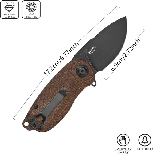 Miniatura 2 de Sitivien Cuchillo plegable de bolsillo ST150, Sandvik 14C28N, hoja negra lavada a la piedra con asas de micarta, cuchillos de herramienta EDC