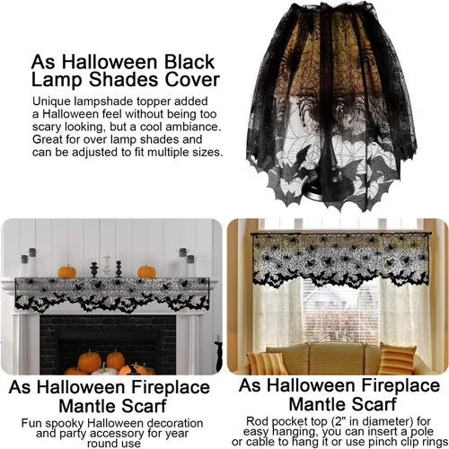 Miniatura 4 de Boao 2 cortinas de telaraña de Halloween, cubierta de encaje para ventana, puerta, chimenea, cubierta de bufanda con 2 cintas para decoración