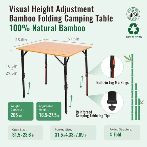 Miniatura 2 de KingCamp Mesa plegable de bambú, 4 pliegues, altura ajustable, portátil, para exteriores, ligera y compacta, con marco de aluminio para caravana