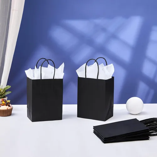Miniatura 5 de SUNCOLOR 25 bolsas pequeñas de regalo negras con asas, mini bolsas de regalo de 6 pulgadas para recuerdos de fiesta, golosinas y recuerdos de boda