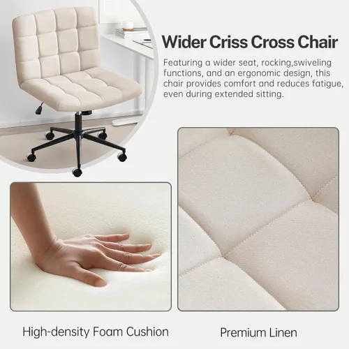 Miniatura 6 de Furniliving Silla de escritorio de oficina en casa con ruedas, silla ancha con patas cruzadas, silla ajustable de altura sin brazos con respaldo
