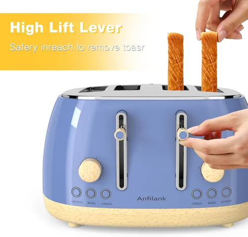 Miniatura 6 de Tostadora de 4 rebanadas, tostadora retro de acero inoxidable con ranuras extra anchas, funciones de cancelar, bagel y descongelar, panel de control
