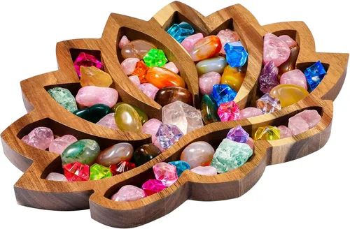Vesici Bandeja de cristal de loto para piedras, cristales y piedras curativas, bandeja de almacenamiento de cristal de madera con forma de loto,