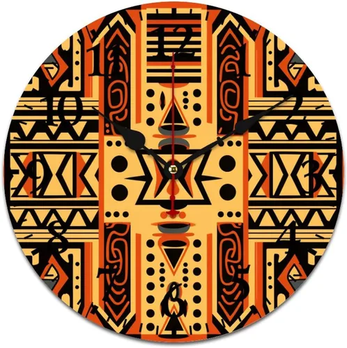 Miniatura 14 de Reloj de madera con motivo de arte tribal naranja brillante, turquesa, azul y azul, patrón tribal del suroeste, cuarzo decorativo de madera, sin