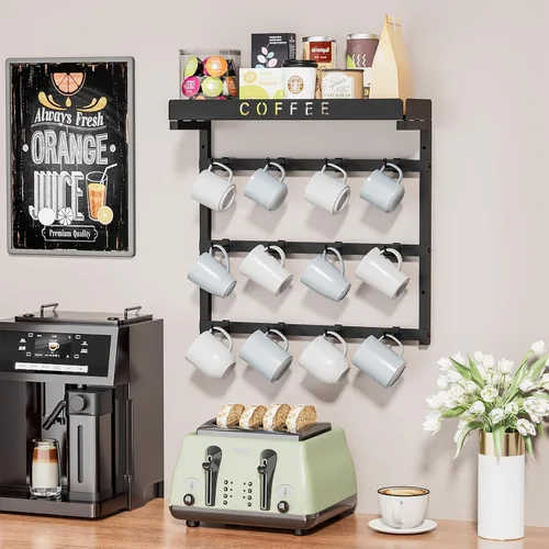 Miniatura 8 de RCHYFEED Soporte para taza de café montado en la pared, organizador de tazas para exhibición y colección de cocina, soporte de metal para tazas