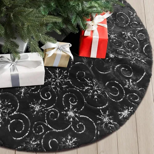 Miniatura 29 de Faldones de Felpa para Árbol de Navidad, 24 pulgadas, Lujosa Cubierta de Base de Árbol de Navidad de Piel Sintética Negra con Copos de Nieve Dorados