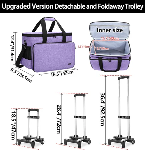 Miniatura 6 de Yarwo Funda de transporte mejorada para máquina de coser con ruedas, bolsa de mano desmontable con tabla inferior extraíble y pata de remolque Morado