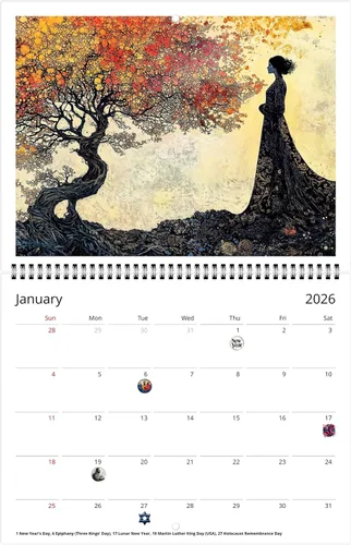 Miniatura 5 de Calendario de pared 2026 Árbol de la vida de Kaleidoscope Artisan – Diseños místicos encantadores con días festivos