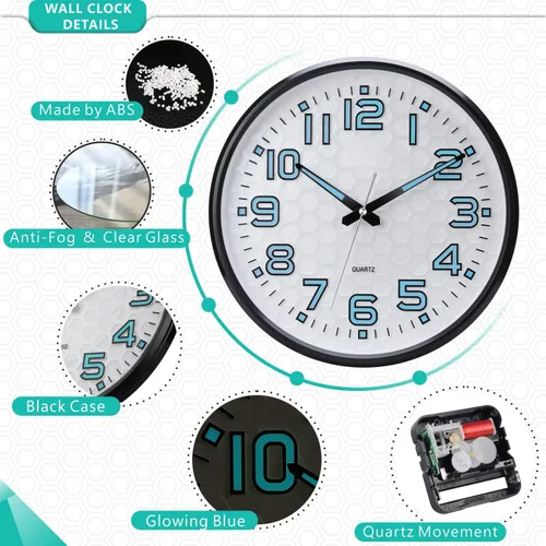 Miniatura 9 de Plumeet Reloj de pared con luz nocturna de 13 pulgadas con función silenciosa y brillante que no hace tictac, funciona con pilas, para el hogar, Luz