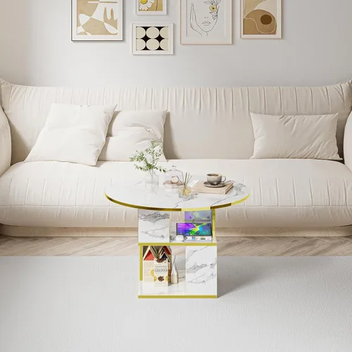 Miniatura 7 de Elephance Mesa de centro redonda con almacenamiento, mesa de centro de 3 niveles para sala de estar, mesa de madera, mármol blanco con marco dorado