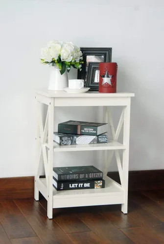 Miniatura 2 de White Finish Wooden X-Design Chair Side End Table with 3-tier Shelf
