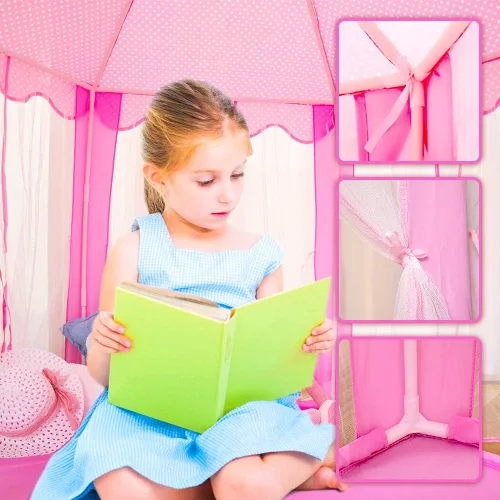 Miniatura 3 de wilwolfer tienda de campaña tipo castillo de princesa para niñas, tienda de campaña hexagonal grande para jugar, casa de juegos con luces de Rosa