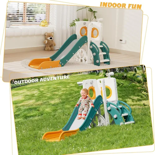 Miniatura 5 de KORIMEFA Tobogán infantil 7 en 1, tobogán infantil para bebés de 1 a 3 años, para interiores y exteriores, con aro de baloncesto y juego de golf