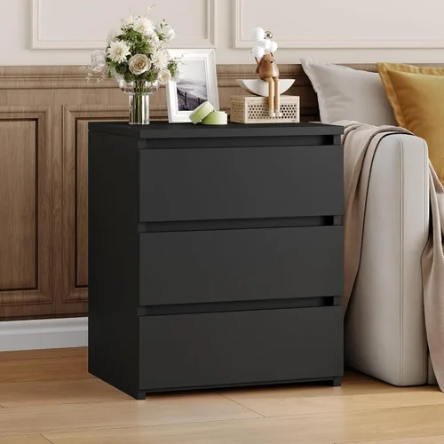 Miniatura 9 de FOTOSOK Mesita de noche negra con 3 cajones, mesita de noche negra para dormitorio con asa recortada, mesa auxiliar de sofá con 3 cajones