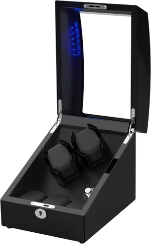 Miniatura 5 de TRIPLE TREE Bobinadora de reloj doble + 3 almohadas de reloj de cuero suave LED automáticos, caja de bobinado de madera con carcasa de madera