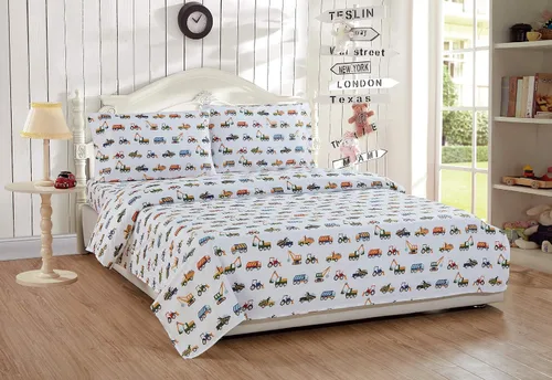 Miniatura 2 de Linen Plus Juego de sábanas para niños, tractores de construcción, excavadoras, cargadoras, camiones volquete, compactadores, blanco, azul, rojo