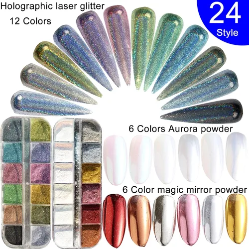 Miniatura 2 de Juego de 2 cajas de 24 colores holográficos cromados para uñas Nail Powders Laser Shining Glitter Metallic Mirror Effect Holographic Aurora