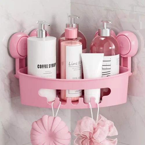 Miniatura 10 de TAILI Organizador de ducha de esquina con ventosas, organizador de pared montado, estante de plástico para baños pequeños, cocina, cesta de estante