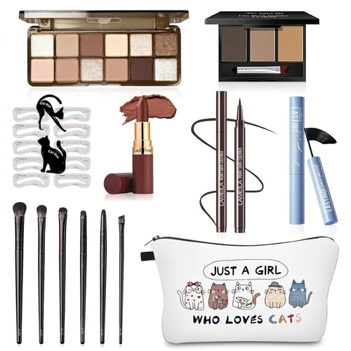 Kit básico de maquillaje de ojos para mujeres, sombra de ojos neutra de los años 90, polvo de cejas, plantillas de cejas, guías de delineador de