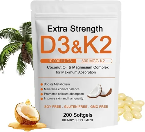 Vitamina D3 K2 de 10000 UI, extra fuerte Wellness D3K2 con triple magnesio y aceite de coco para una máxima absorción, apoya la salud ósea e