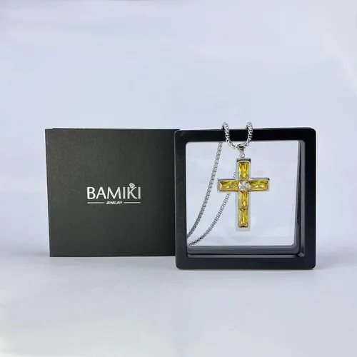 Miniatura 65 de Collar de cruz para hombre, piedras preciosas de color piedra natal de circonita cúbica, collar de acero inoxidable para hombre, cadena de 24