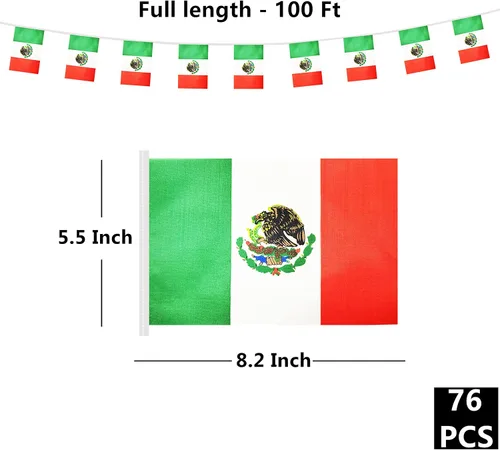 Miniatura 2 de Bandera mexicana de 100 pies, mini bandera de México, pequeña pancarta para fiestas, tiendas y bares, decoración al aire libre, 76 banderas México