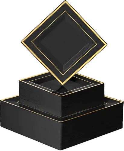 BloominGoods 100 platos cuadrados desechables de plástico negro, paquete de 100 platos cuadrados de plástico de 6.5 y 10 pulgadas con borde dorado