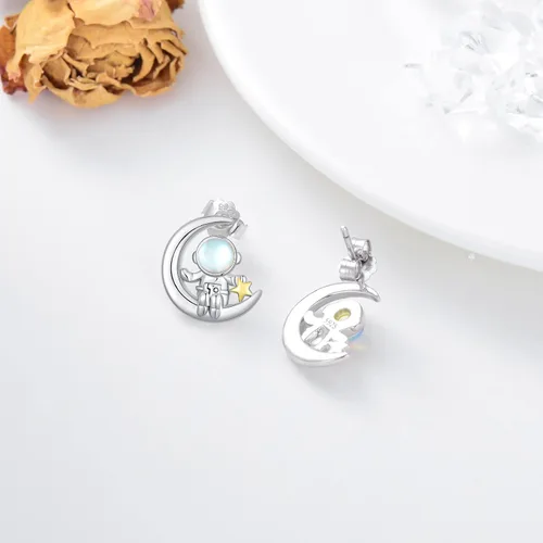 Miniatura 2 de SLIACETE Aretes de astronauta de plata de ley 925, aretes de astronauta y luna, bonitos aretes de estrella espacial, regalo de cumpleaños