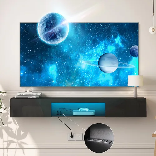 Miniatura 2 de Soporte flotante para TV montado en la pared con toma de corriente, moderno centro de entretenimiento flotante para TV de 70 pulgadas, estante