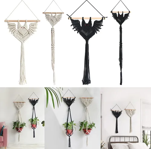Miniatura 5 de Macetas colgantes de macramé en forma de murciélago para plantas de interior, hechas a mano, cuerda de algodón tejida a mano, maceta y tapiz