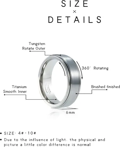 Miniatura 7 de Anillo giratorio de titanio de tungsteno de 0.2360.315 pulgadas para hombre, tamaño medio, sin níquel, anillo de ansiedad para hombres y mujeres