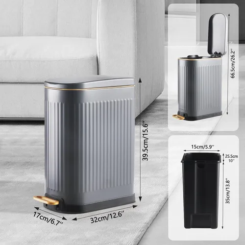 Miniatura 3 de SYNCVIBE Cubo de basura delgado para baño con tapa de cierre suave, cubo de basura de acero inoxidable con pedal, cubo de basura con cubo