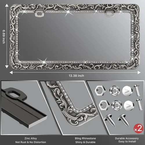 Miniatura 5 de Valor Marcos de metal de gel para placa de automóvil, estampado antiguo antiguo, diamantes de imitación de cristal incrustados, soporte universal