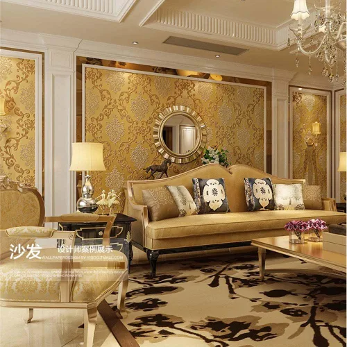 Miniatura 2 de QIHANG Color no tejido 1.7 ft*32.8 ft=5.3㎡ del oro del rollo del papel pintado del polvo de la perla del damasco del estilo europeo 3D Pearl