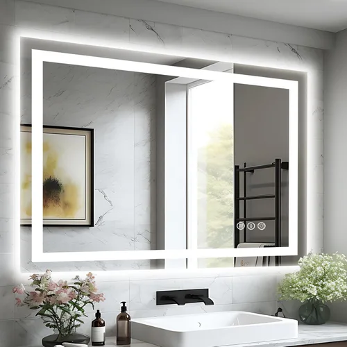 Miniatura 43 de EchosLife Espejos de baño LED de 20 x 28 pulgadas para pared, marco de aluminio negro (frontal y retroiluminado), espejo de tocador antivaho