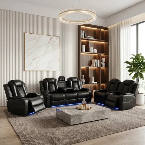 Miniatura 16 de Juego de sofá reclinable eléctrico de cuero con LED, juego de muebles de sala de estar, juego de sofá de cuero con puerto USB, consola