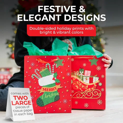 Miniatura 5 de Bolsas de regalo de Navidad – medianas 13 x 10 x 4 pulgadas (paquete de 4) – Bolsas de regalo de papel resistentes con papel de seda, etiqueta y asa