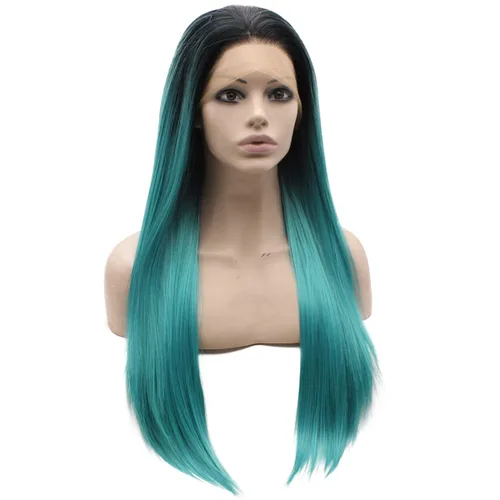 Miniatura 2 de Mxangel - Peluca sintética larga atada a mano, color azul ombré, con encaje frontal, resistente al calor, fibra de pelo Azul Degradado