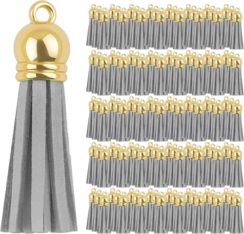 Miniatura 54 de Mandala Crafts 100 borlas de gamuza sintética color aguamarina con tapa dorada, suministros para hacer llaveros a granel, pequeñas borlas de cuero