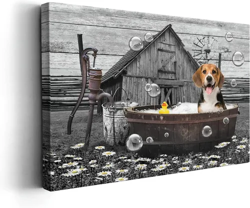 Kasluolo Divertido arte de pared de perro Beagle para decoración de baño, lindo beagle sentado en la bañera, lienzo impreso pintura de animales