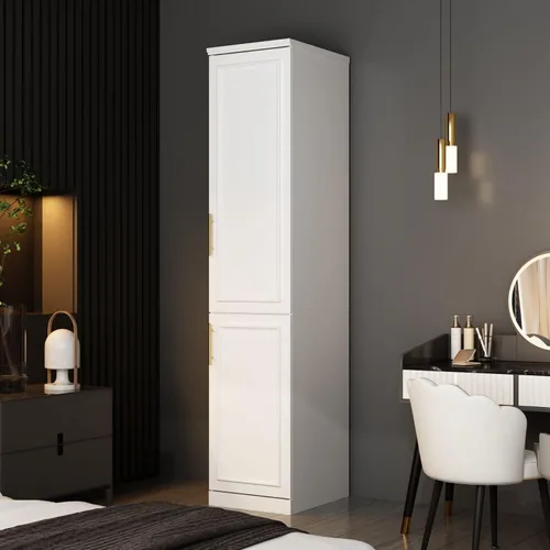 Miniatura 10 de Armario grande con 2 puertas de vidrio templado y 3 cajones, armario alto con barra para ropa, armarios de ropa estilo agitador, color blanco, 31.7