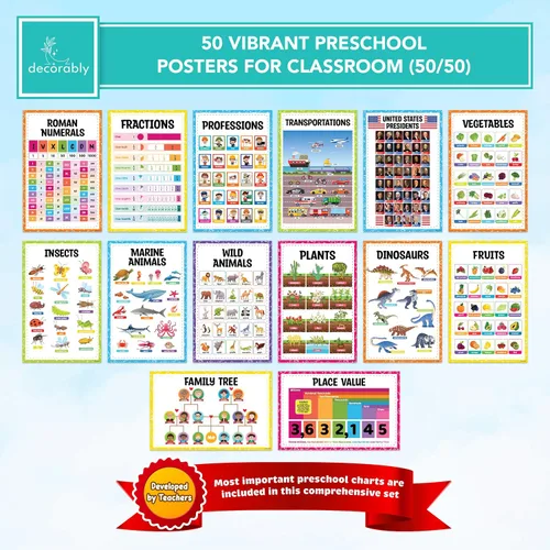 Miniatura 5 de Decorably 50 pósteres educativos vibrantes para niños pequeños de 1 a 3 años, 11 x 17 pulgadas, decoración de aula laminada mate, para pasillos