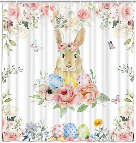Miniatura 9 de Wathon Bonita cortina de ducha de conejo de Pascua, juego de decoración de baño con mariposa floral, tela de tela, juego de decoración de baño