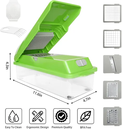 Miniatura 4 de LHS Picador profesional multifuncional de verduras con contenedores de almacenamiento de alimentos, cortador de mandolina, cortador de cebolla, Verde