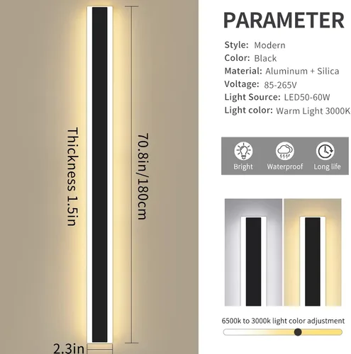 Miniatura 112 de Luz de pared exterior moderna de 47 pulgadas, accesorios de iluminación exterior de acrílico negro de 3000K, montaje en pared, luces de porche
